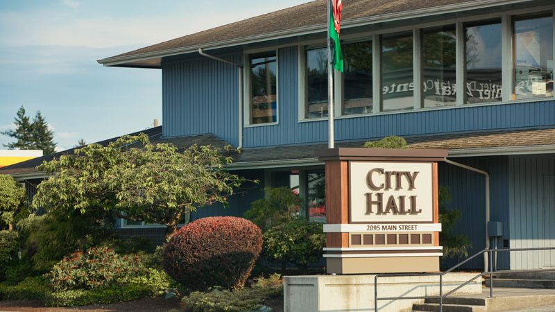 View of Ferndale City Hall on Main Street, showcasing its architectural design and surrounding landscape.