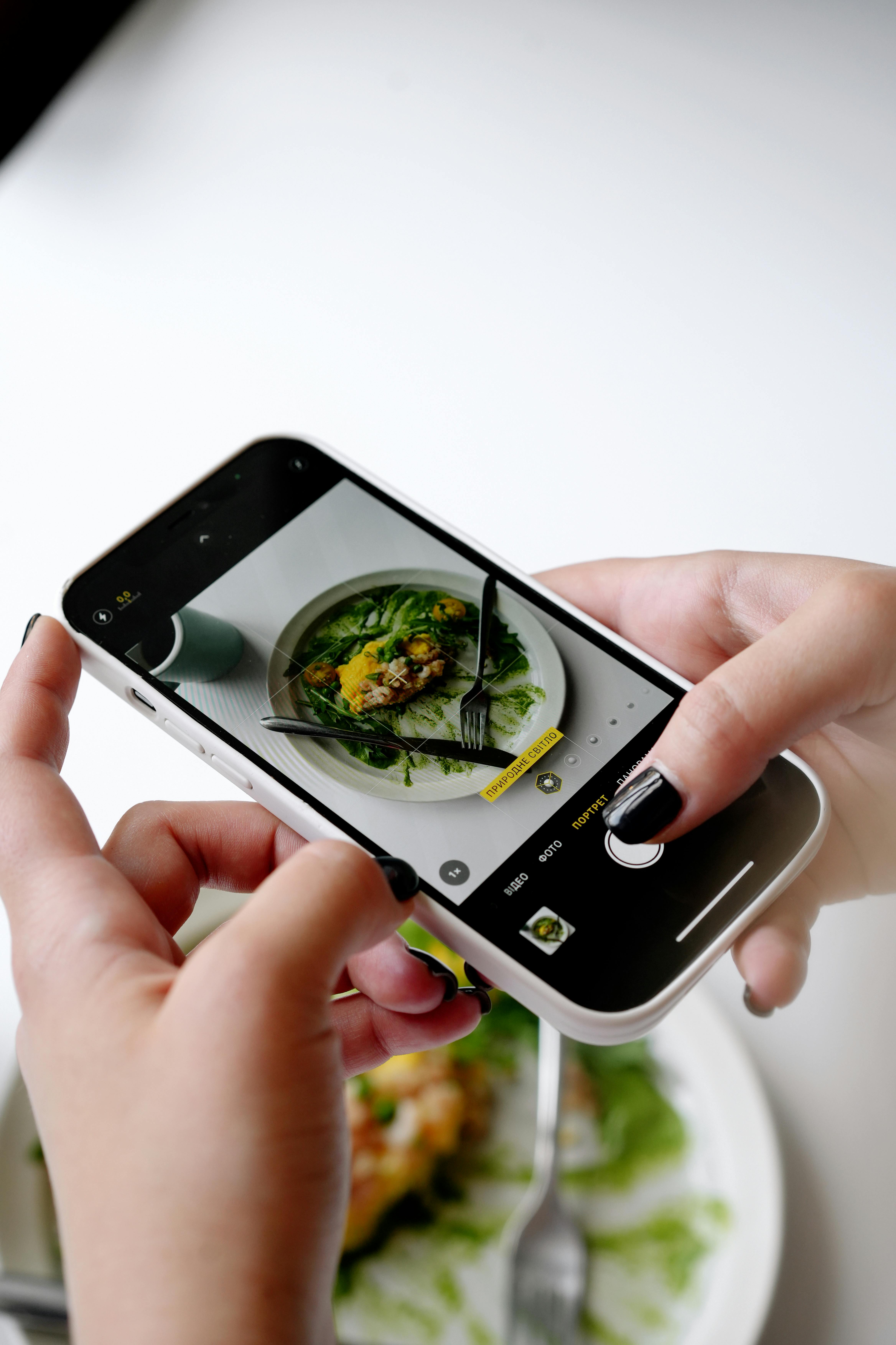 Close-up of hands using a smartphone to photograph a nutritious meal on a plate.