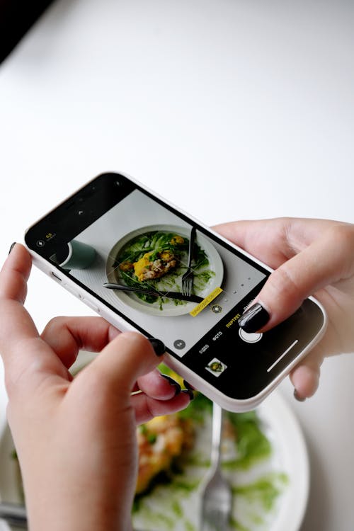 Woman Taking Photo of Meal on Plate with Smartphone