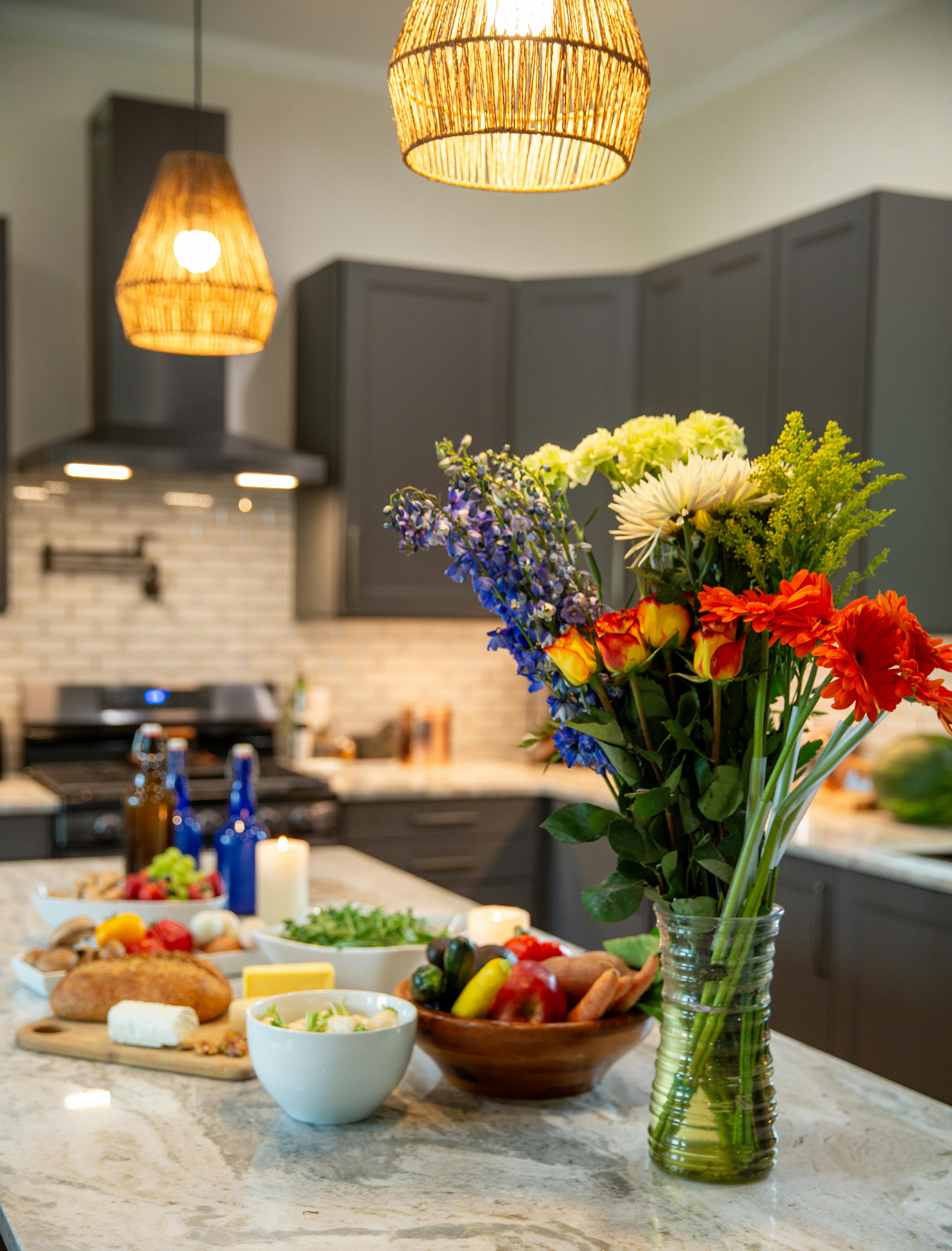 Replacing Cupboards Photos Download The BEST Free Replacing Cupboards   Free Photo Of Kitchen Interior With Multicoloured Flowers And Food 