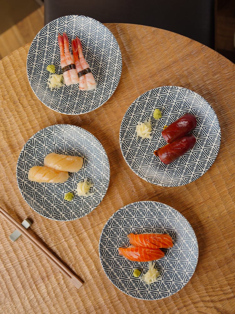 Plates With Different Kinds Of Sushi 