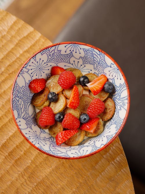 Free Mini Pancakes with Strawberries and Blueberries Stock Photo