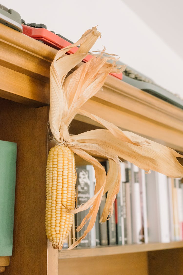 Close-up Of A Decoration Of A Dry Corn Cob Hanging On The Bookshelf