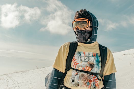 一个穿戴冬装和护目镜的人站在雪地里，准备迎接冒险