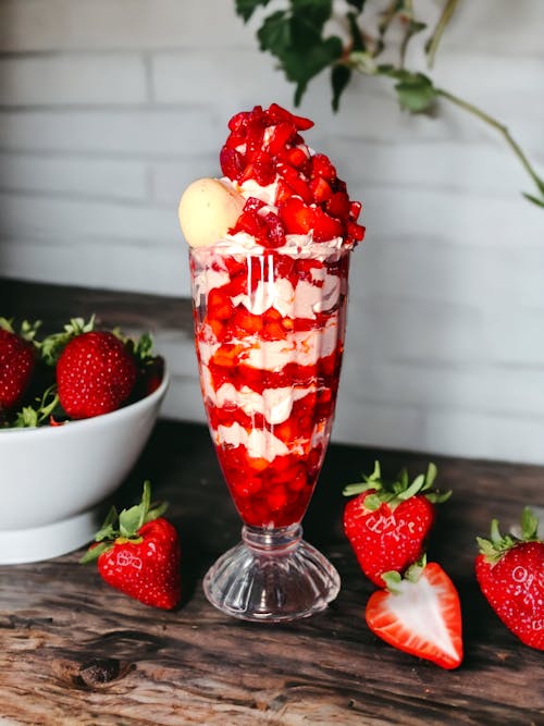 Ice Cream with Strawberries in Glass