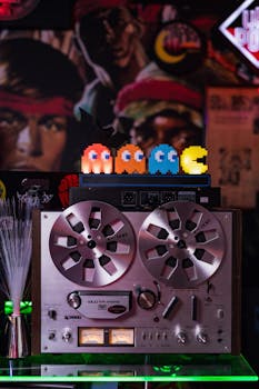 Close-up of vintage reel-to-reel tape recorder with retro pixel art and vibrant colors in a nostalgic setting.