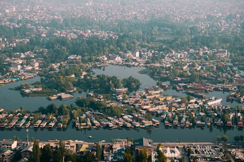Aerial View of Houses around the Dal Lake in Jammu And Kashmir, India 