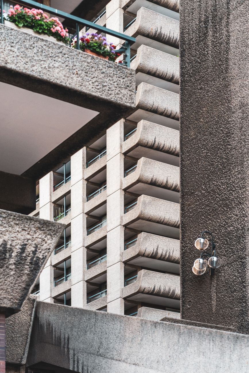 Close-up of Brutalist architecture featuring balconies in London, England.. close, brutalist, architecture