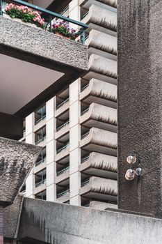 Close-up of Brutalist architecture featuring balconies in London, England.. close, brutalist, architecture