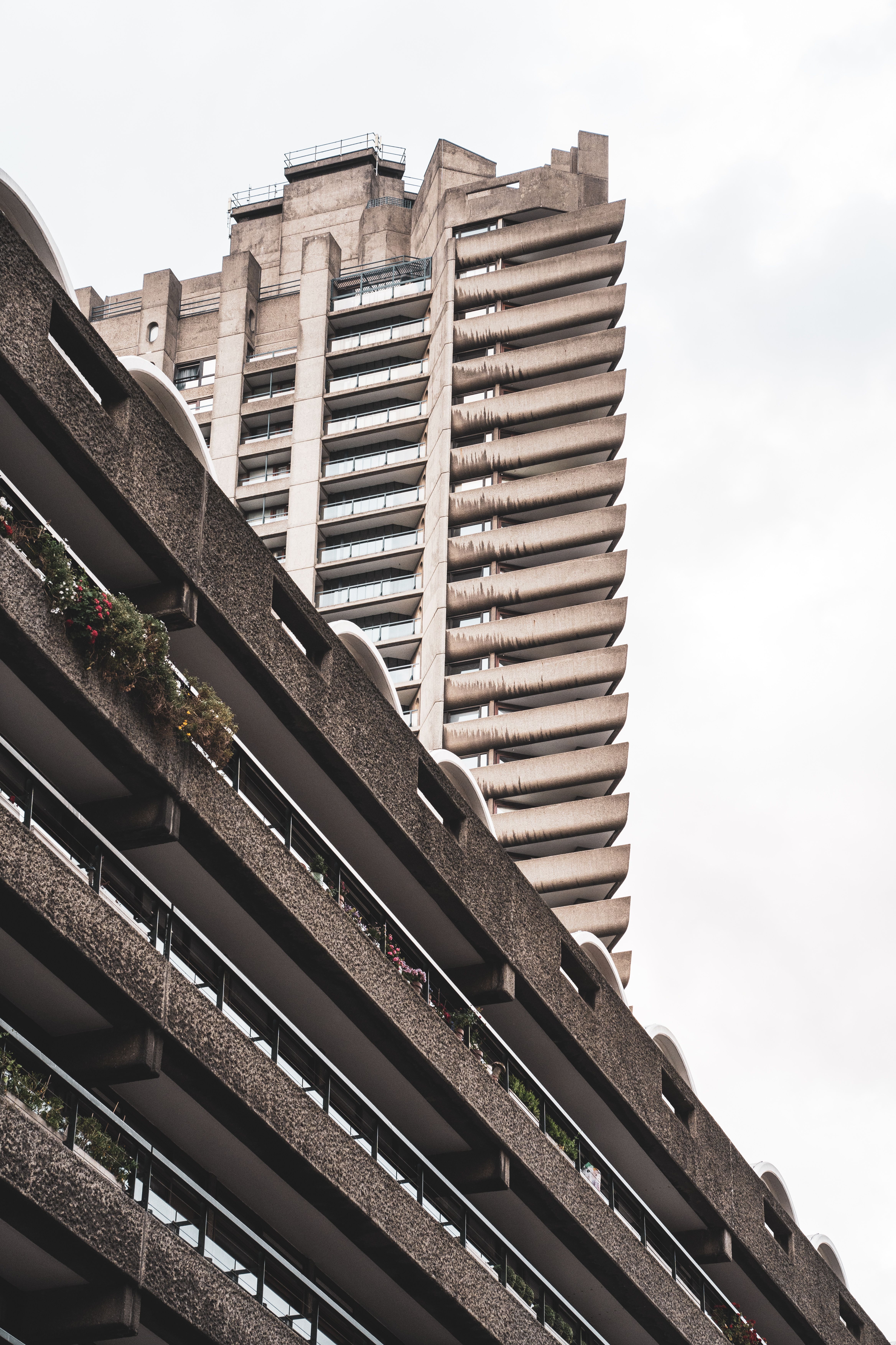Close-up of the iconic brutalist architecture at Barbican Centre, London.. close, iconic, brutalist