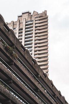 Close-up of the iconic brutalist architecture at Barbican Centre, London.. close, iconic, brutalist