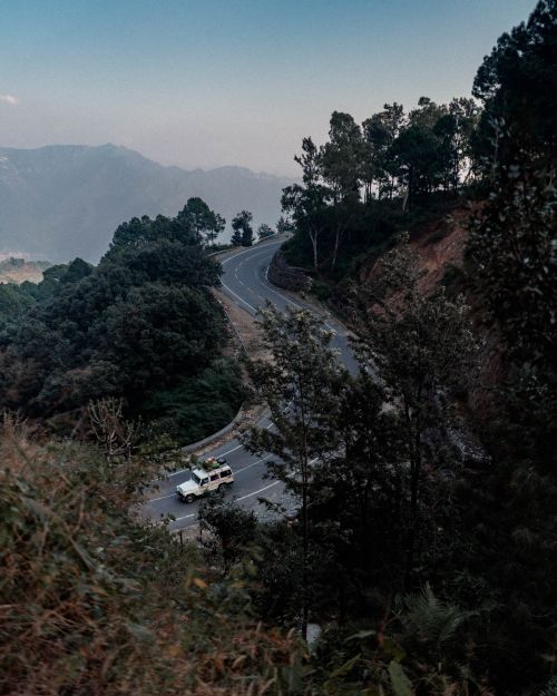 Free High-angle view of a winding mountain road surrounded by lush green trees under a bright sky. Stock Photo