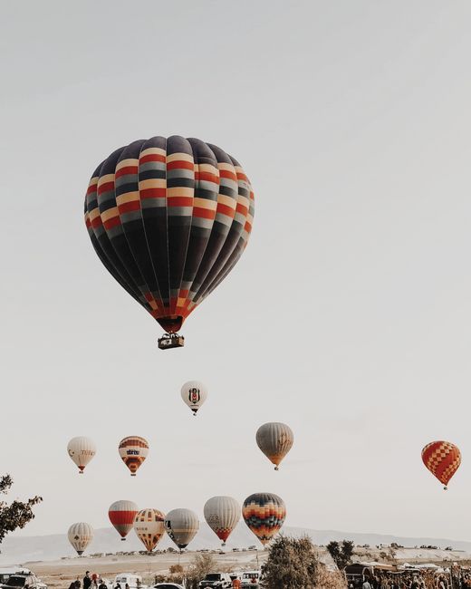 Vibrant hot air balloons soaring over a scenic landscape, capturing the essence of adventure and travel.