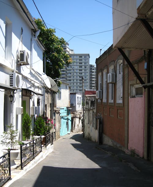 Foto profissional grátis de alameda, casas, céu azul