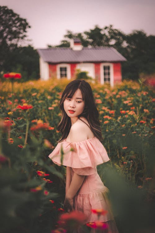 Young Woman Posing in a Flower Field 