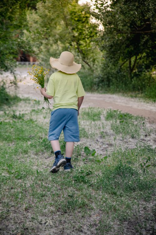 Free A child wearing a hat and t-shirt walks on a rural path holding a bouquet of wildflowers in a sunny garden. Stock Photo