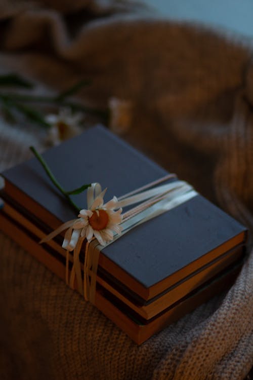 A Flower Lying on Top of Books Tied with a Ribbon