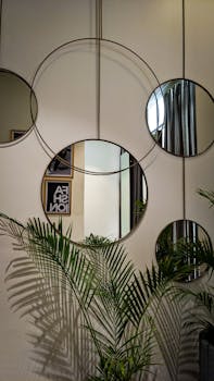 Modern living room with circular mirrors and palm plant accents. Perfect for interior design inspiration.