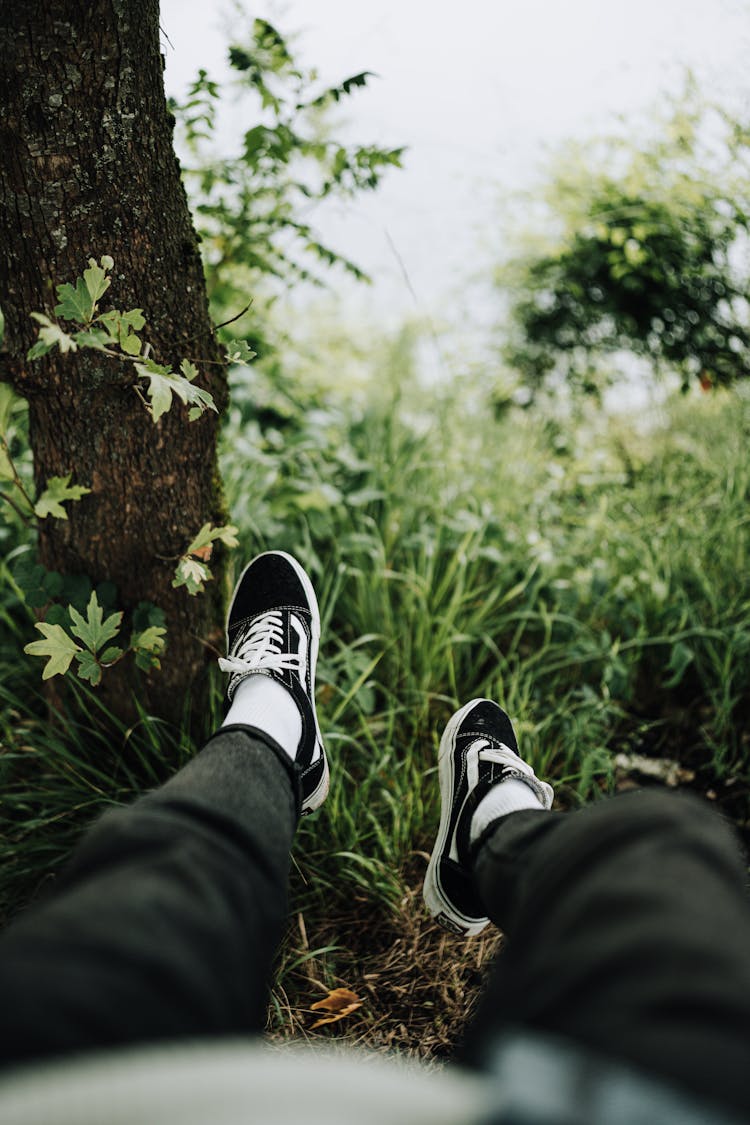 Legs In Sneakers Resting On Ground In Forest