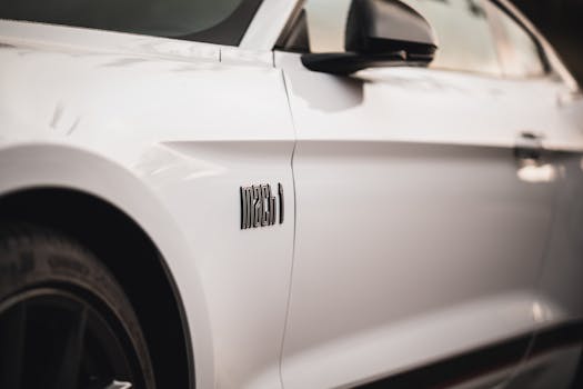 Detailed close-up shot of a sleek white Ford Mustang Mach 1 car door, featuring the Mach 1 badge.