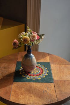 Elegant vintage vase with flowers on a geometric patterned wooden table.