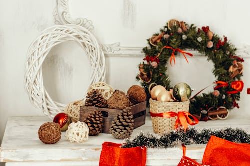 Christmas Decorations On Wooden Table