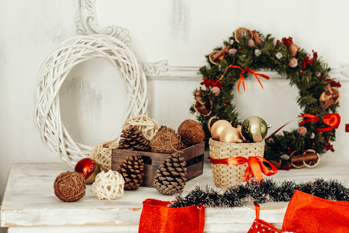 Free Christmas Decorations On Wooden Table Stock Photo