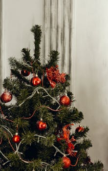 室内装饰着红色饰品和松树花环，还有一棵精美的圣诞树