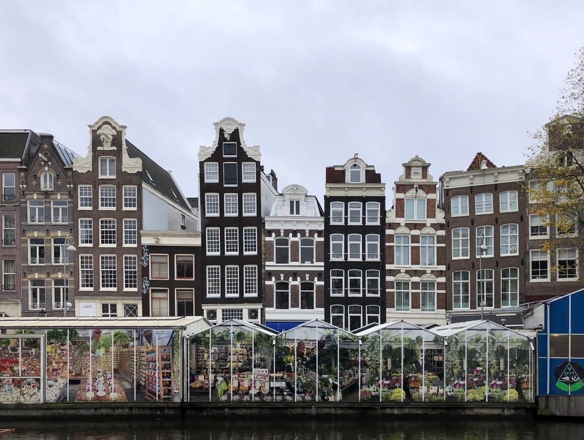 Casele de pe canalul Singel din Amsterdam și tarabele pieței plutitoare de flori Bloemenmarkt