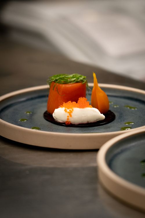 Free Elegant Japanese-influenced dish plated with roe on a ceramic plate. Stock Photo