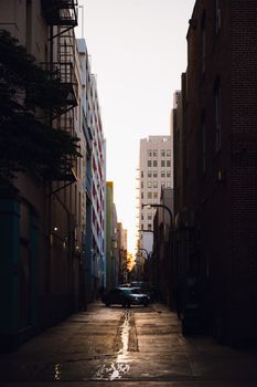 A narrow alleyway in Santa Monica, capturing urban architecture at sunset.