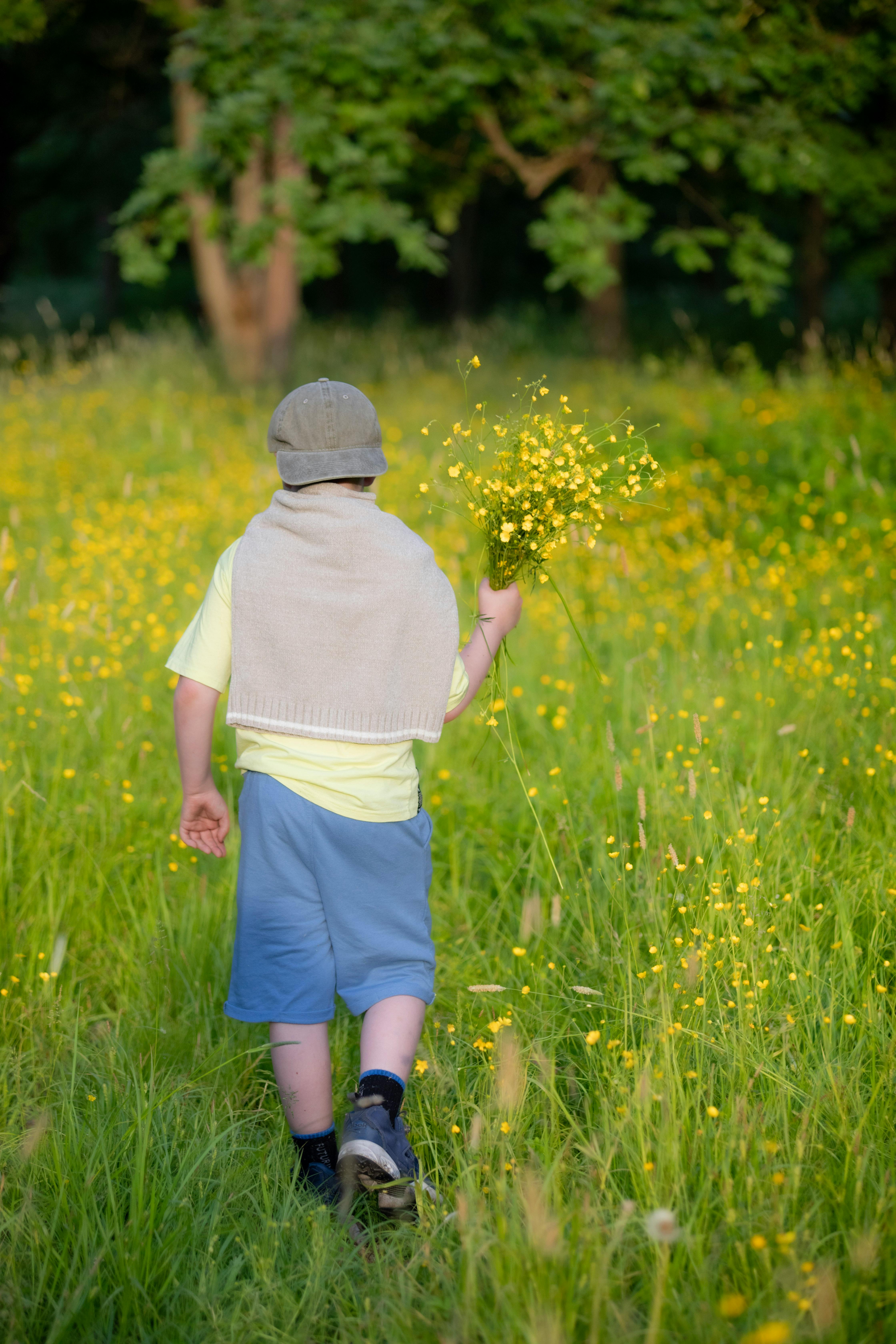A young boy in a rural meadow holding a bundle of flowers, surrounded by nature.