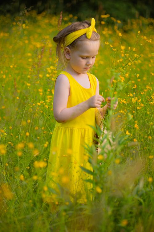 Free A young girl in a bright yellow dress enjoys a sunny day in a flower-filled meadow. Stock Photo