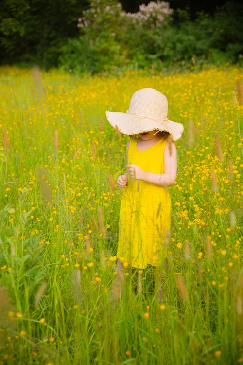 Free A young girl in a yellow dress and hat stands amidst a lush meadow of wildflowers on a sunny day. Stock Photo
