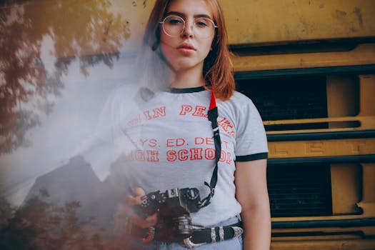 一位穿着休闲装的年轻女子拿着相机，她的身影映在玻璃上，背景是一辆古董车