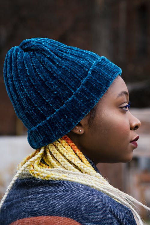 Woman Wearing Teal Knit Cap