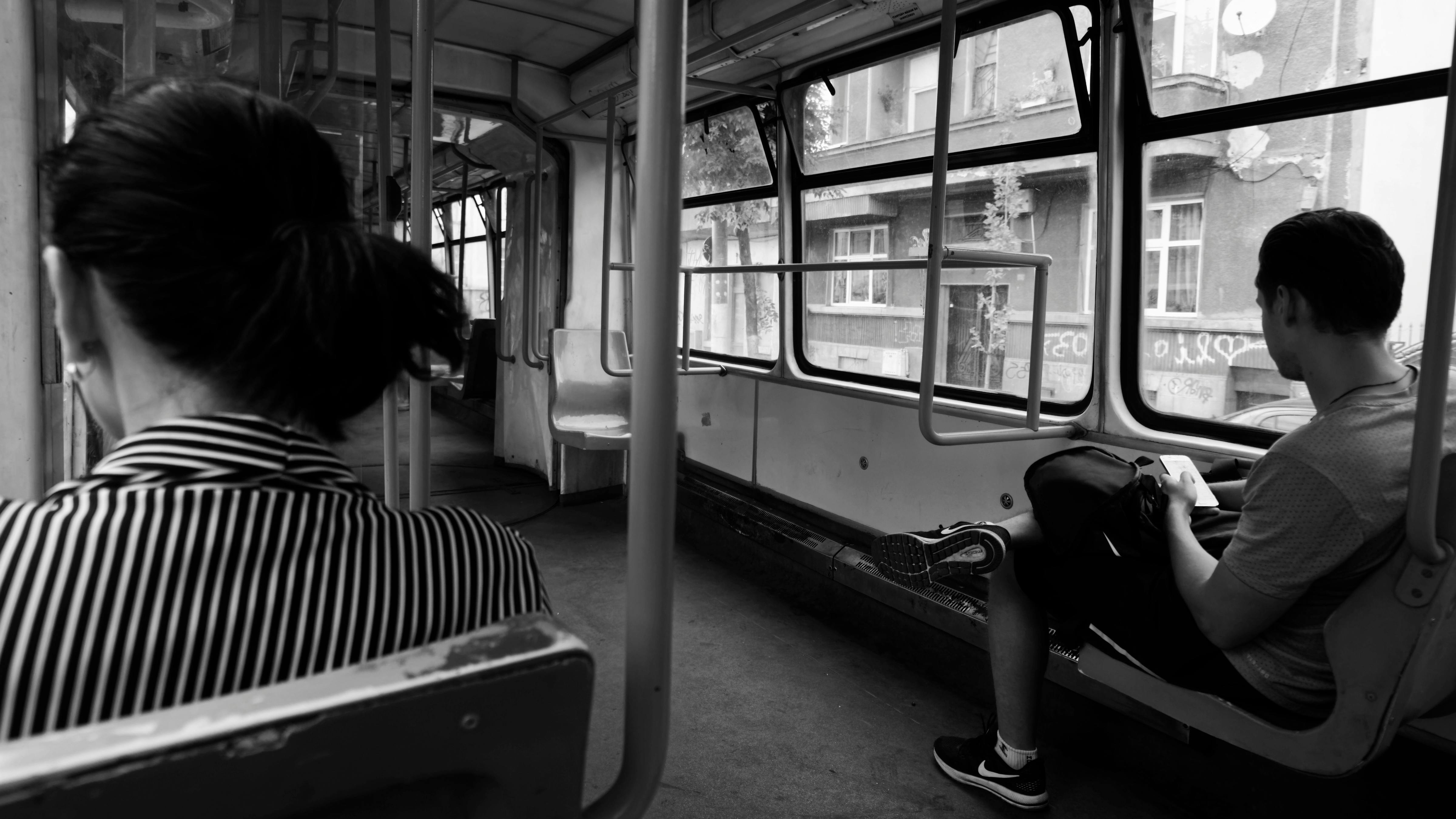 Free stock photo of black and white, persons, public transportation