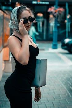 Stylish woman in sunglasses posing confidently on city street.