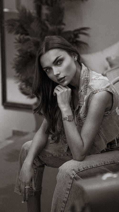 Portrait of Woman Wearing Denim Jacket in Black and White 