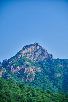 A stunning mountain landscape with lush greenery and a clear blue sky, perfect for nature enthusiasts.