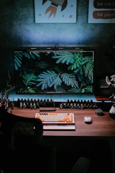 Modern desk setup with keyboard, mouse, and ambient lighting, creating a cozy workspace vibe.