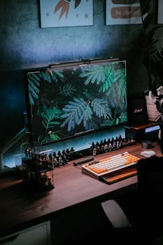 A serene computer desk setup featuring a botanical monitor background and ambient lighting.