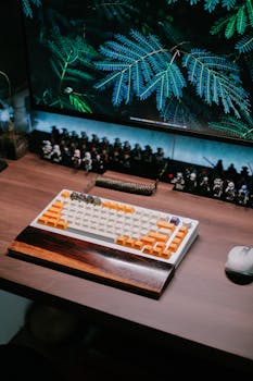 Modern desk setup featuring a mechanical keyboard and vibrant monitor backdrop.