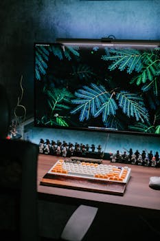 A stylish desk setup includes a large monitor showing vibrant foliage and a mechanical keyboard.