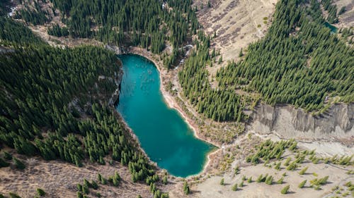 kaindy lake in kazakhstan from a drone