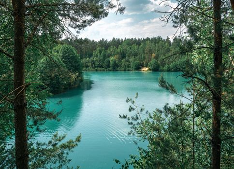 Tranquil view of lake surrounded by lush Minsk forest. Ideal for nature relaxation.