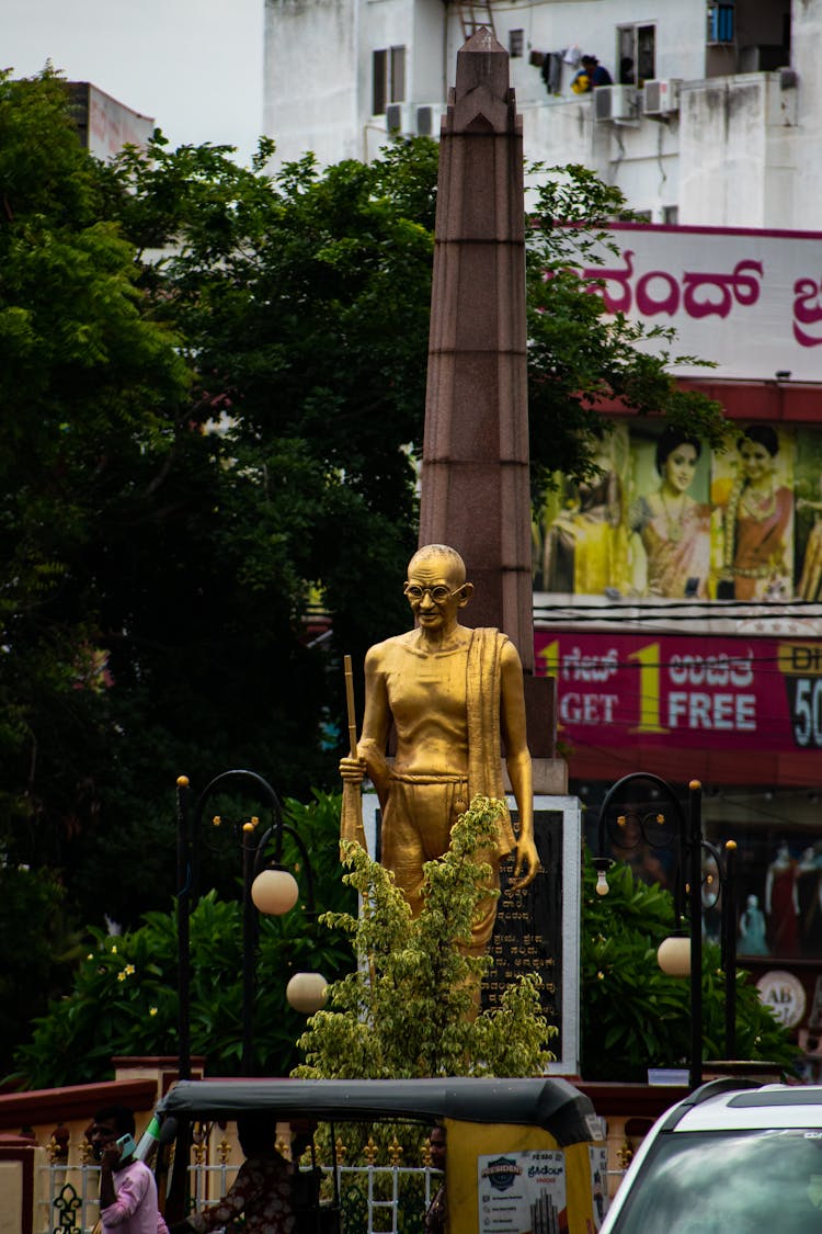 Golden Gandhi Statue In Town