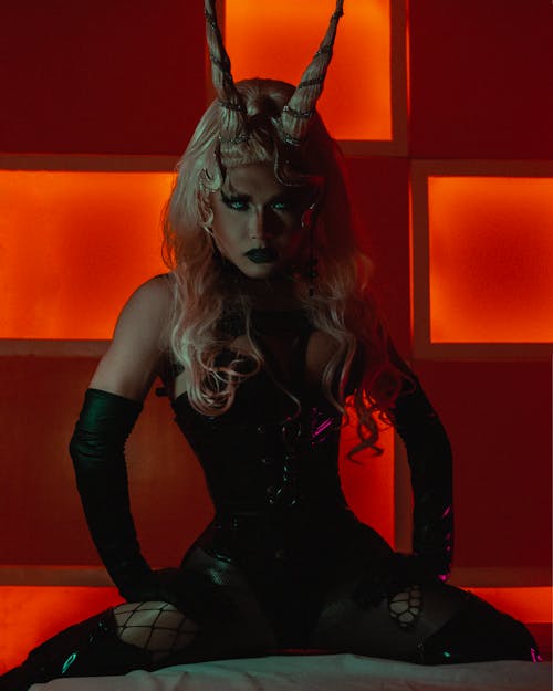 Blonde Woman as Vampire in Latex Costume