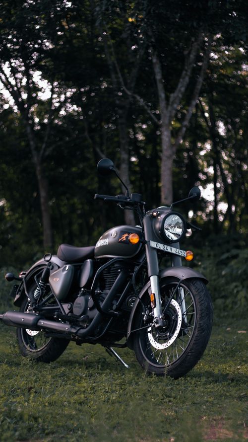 Free A vintage-style motorcycle parked amidst towering trees in a serene forest. Stock Photo