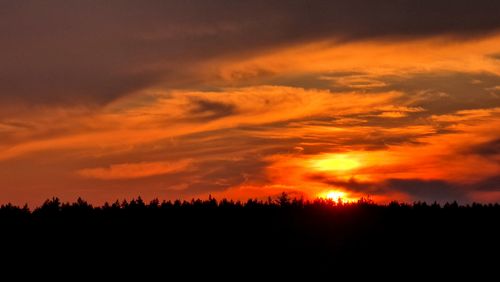 Free Breathtaking sunset over a forest silhouette with fiery red clouds capturing nature's drama. Stock Photo
